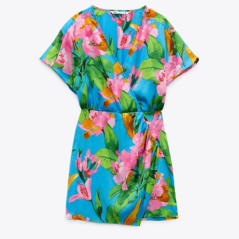 Zara Blue Floral Dress with Pink and Green Accents Size XL